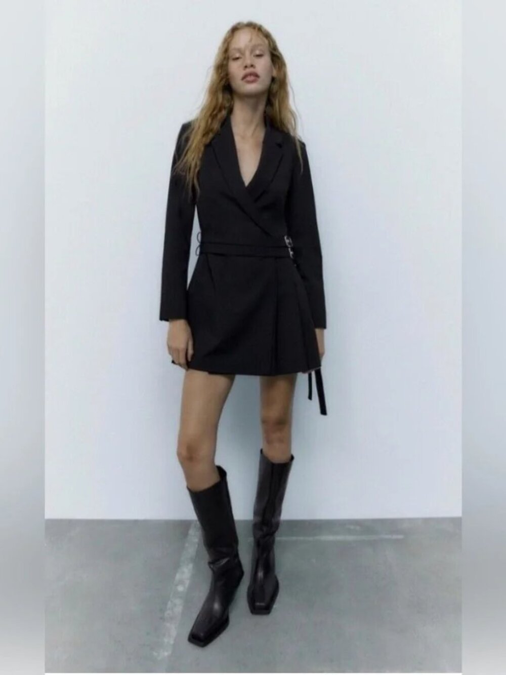 Zara Black Belted Tailored Mini Pleated Dress Blazer